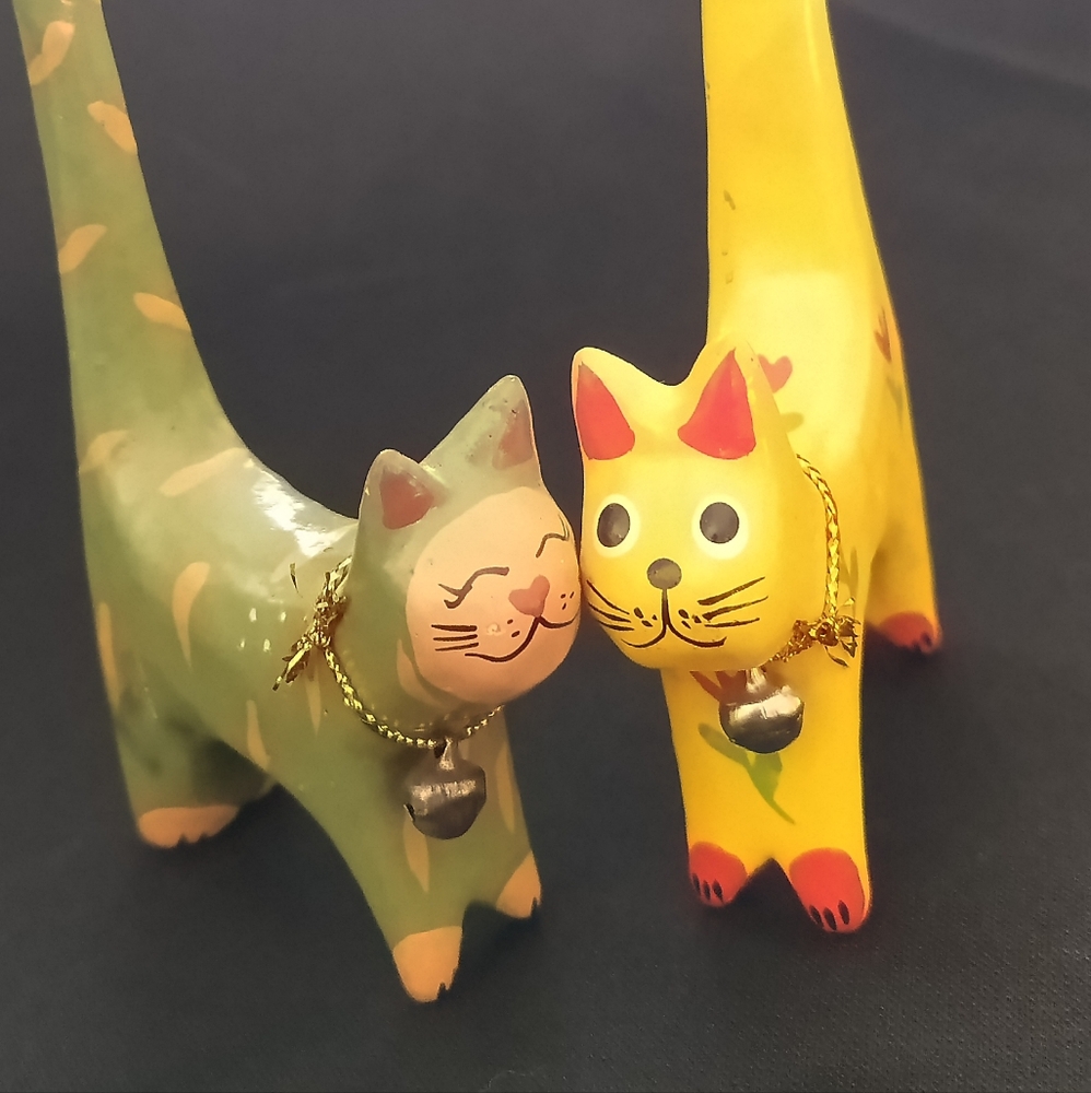 Two Handcrafted Wood Mini Cat Figurines - Green and Yellow